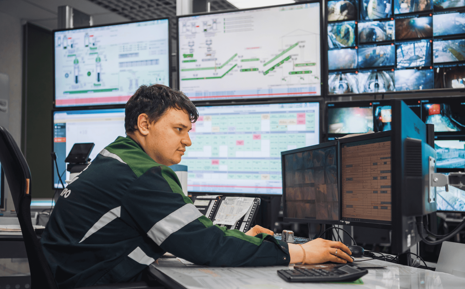 Сотрудник работает за компьютером с большми количетвом мониторов